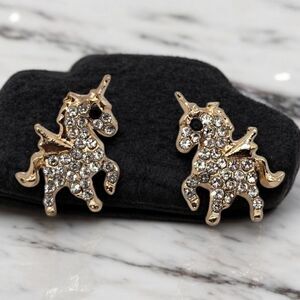 Tiny Gold Unicorn Rhinestone Stud Earrings – Sparkly Fantasy Jewelry Dainty NWT